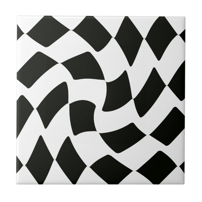 Black and White Warped Chequerboard Ceramic Tile (Front)