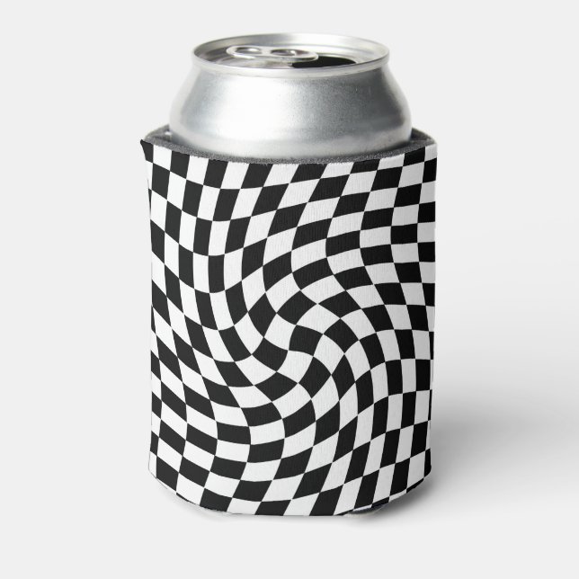 Black and White Warped Chequered Pattern Can Cooler (Can Back)