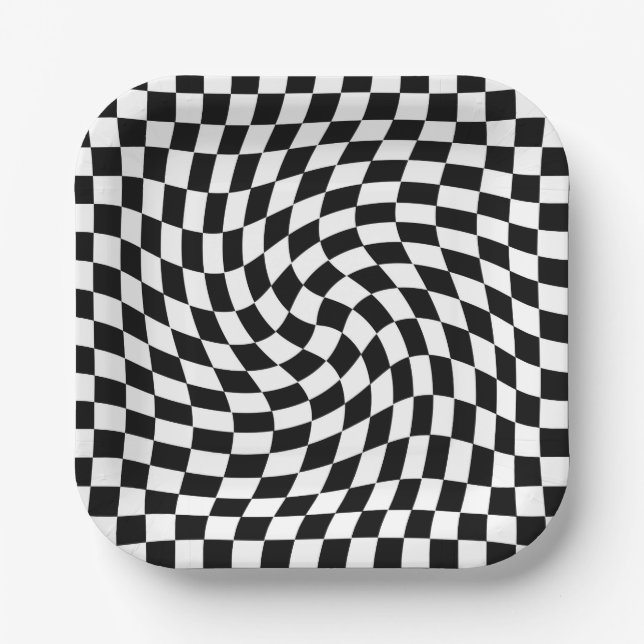 Black and White Warped Chequered Pattern Paper Plate (Front)