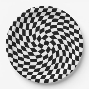 Black and White Warped Chequered Pattern Paper Plate