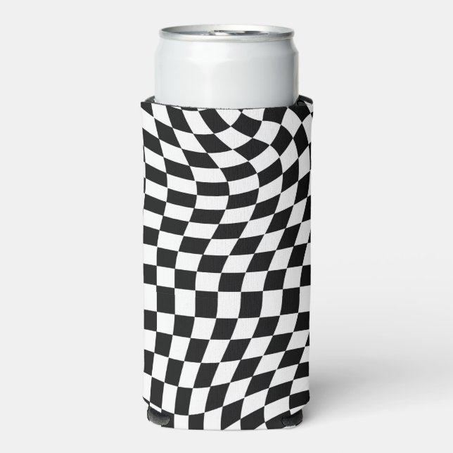 Black and White Warped Chequered Pattern Seltzer Can Cooler (Seltzer Front)