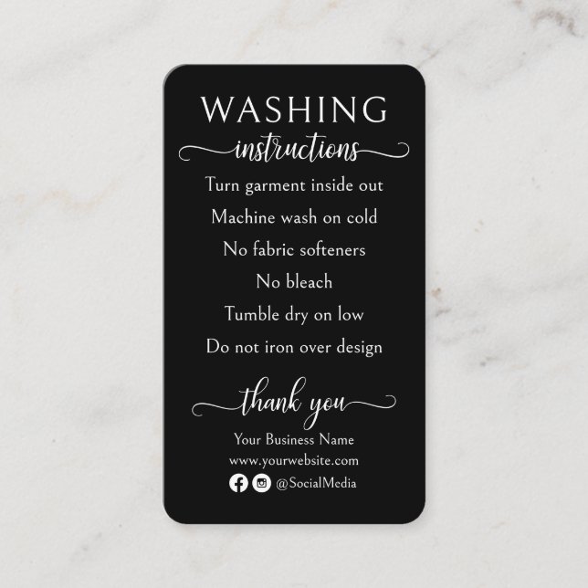Black and White Washing Instructions Shirt Care Business Card (Front)