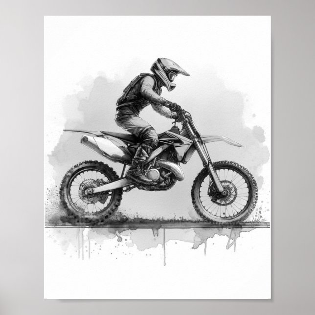 Black and White Water Colour Dirt Bike  Poster (Front)