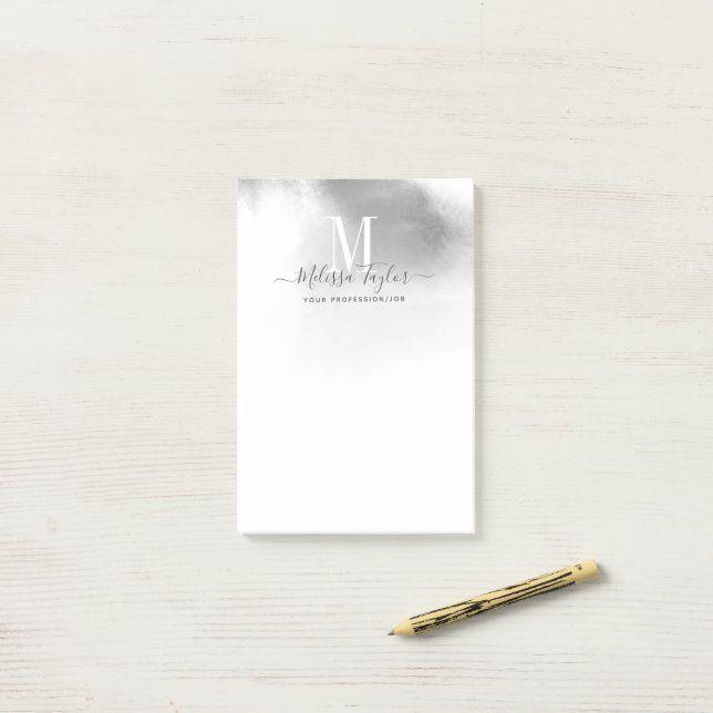 Black and White Watercolor Abstract Monogrammed Post-it Notes (On Desk)