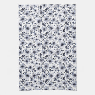 Black and White Watercolor Anemones Floral-White Tea Towel
