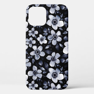 Black and White Watercolor Anemones on Black iPhone 12 Case