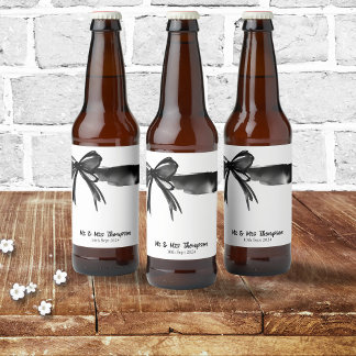 Black and White Watercolor Bow Wedding Man Favour Beer Bottle Label