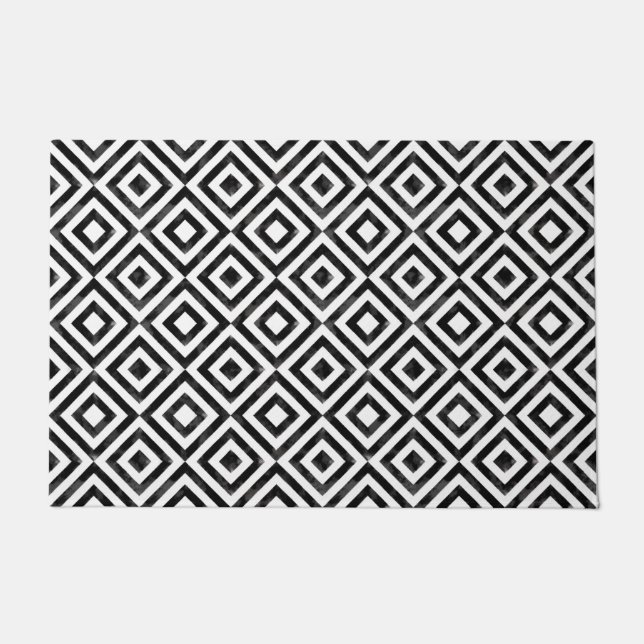 Black and White Watercolor Diamond Pattern Doormat (Front)