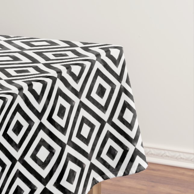 Black and White Watercolor Diamonds Pattern Tablecloth (In Situ)