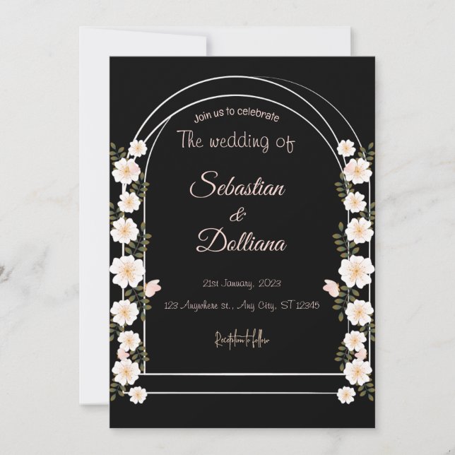 Black and White Watercolor Floral Wedding Foil  Invitation (Front)