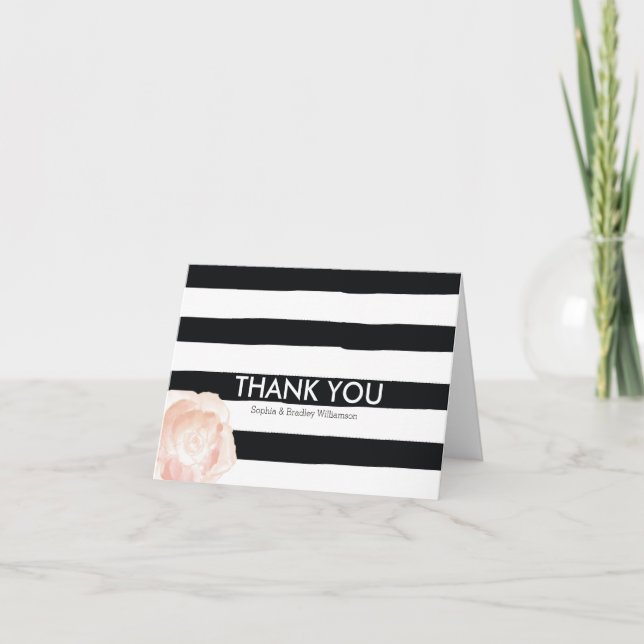Black and White Watercolor Stripes Rose Thank you (Front)