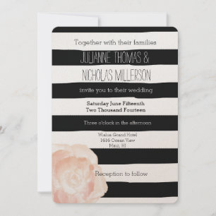 Black and White Watercolor Stripes Rose Wedding Invitation