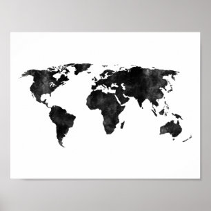 Black and white Watercolor World Map Poster