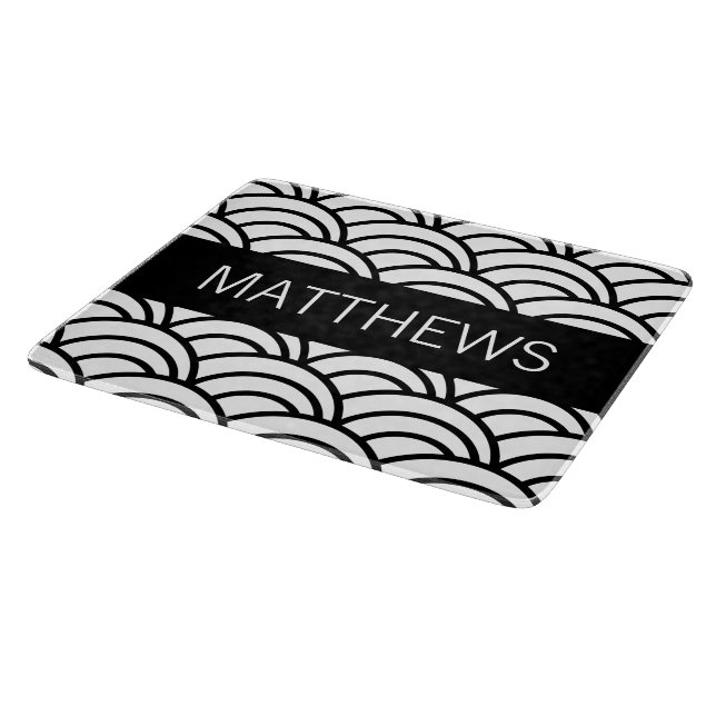 Black and White Wave Pattern Name Cutting Board (Corner)