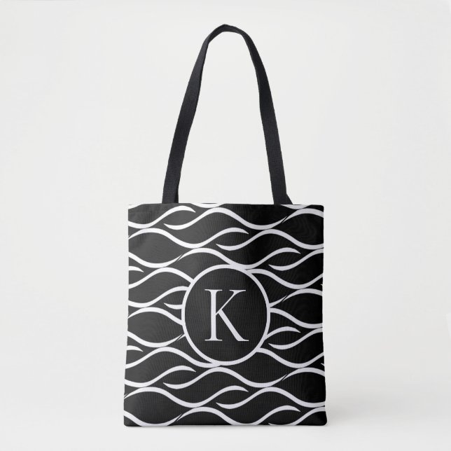Black and White Wave with Custom Monogram Tote Bag (Front)
