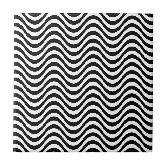 Black and White Waves Ceramic Tile (Front)