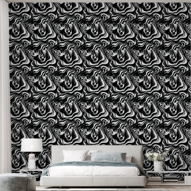 Black And White Wavy Abstract Op Art, Wallpaper (Bedroom)