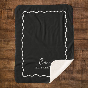Black and White Wavy Border Monogrammed Sherpa Blanket