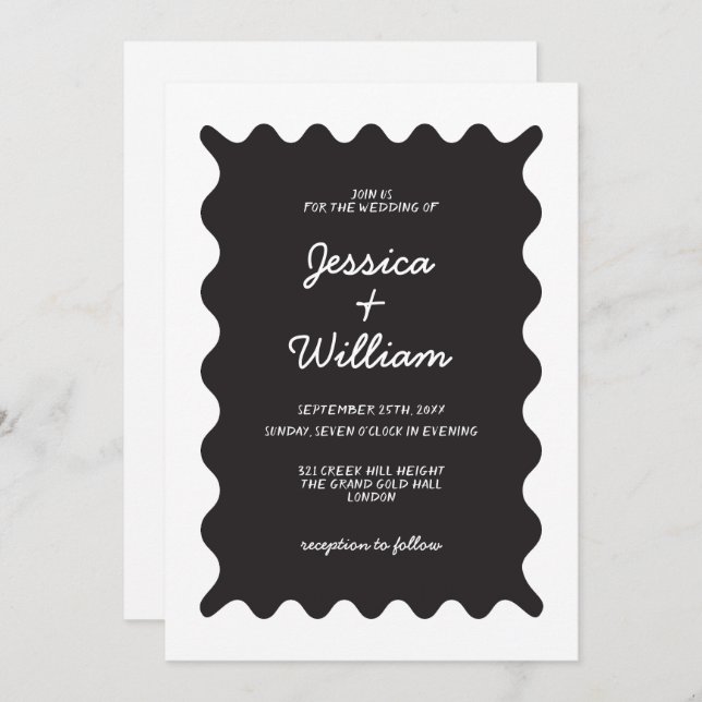 Black and White Wavy Borders Handwritten Wedding  Invitation (Front/Back)