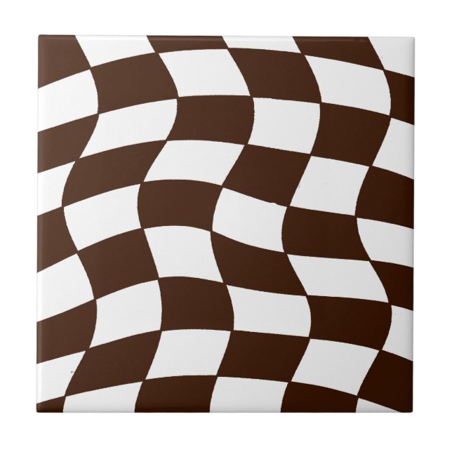Black and White Wavy Chequerboard Ceramic Tile (Front)
