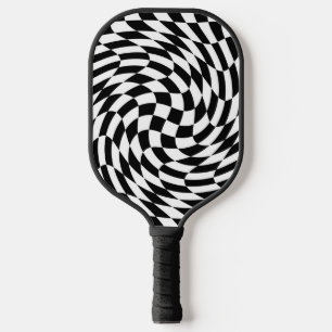 Black and White Wavy Chequerboard Pickleball Paddle