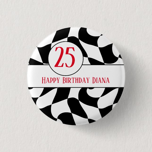 black and white wavy chequered, paper plates 3 cm round badge (Front)