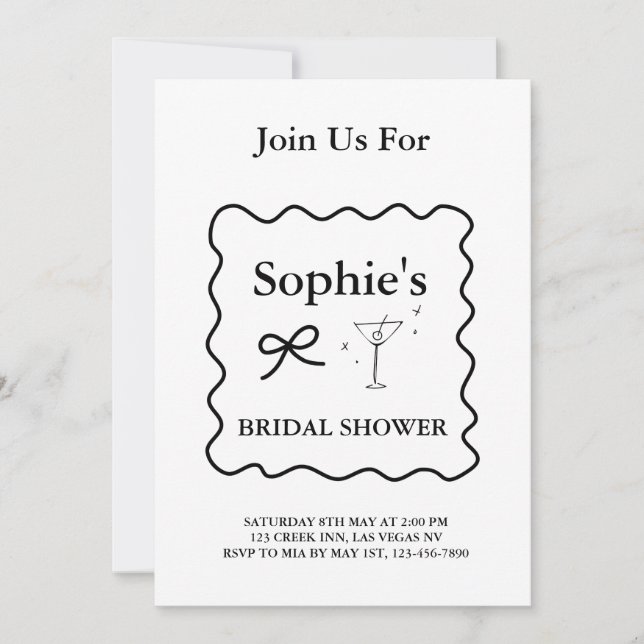 Black And White Wavy Retro Bridal Shower, Martini Invitation (Front)