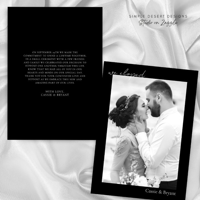Black and White We Eloped Elegant Modern Wedding Announcement (Modern Minimal Black and White We Eloped Wedding Announcement)