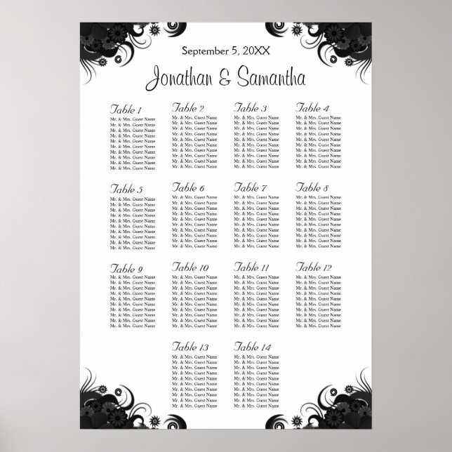 Black and White Wedding 14 Tables Seating Charts (Front)