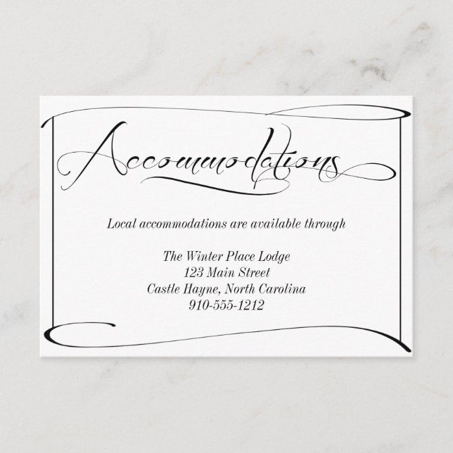 Black and White Wedding Accommodations Detail Card (Front)