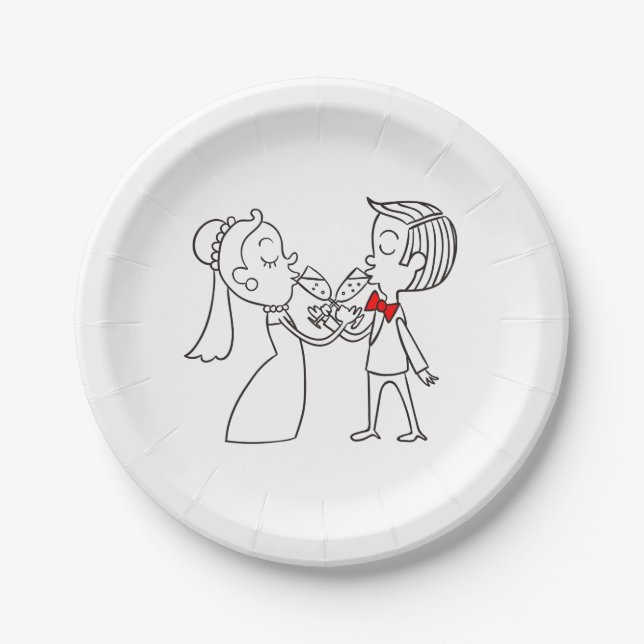 Black And White Wedding Bride And Groom Paper Plate (Front)
