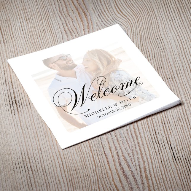 Black and White Wedding Cocktail Photo Napkin (Black and white minimalist photo "welcome" napkin. with photo overlay)