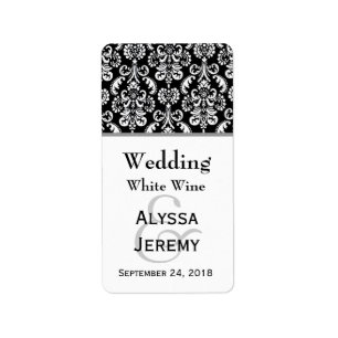 Black and White Wedding Damask Mini Wine Label