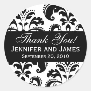 Black and White Wedding Damask Thank You Label