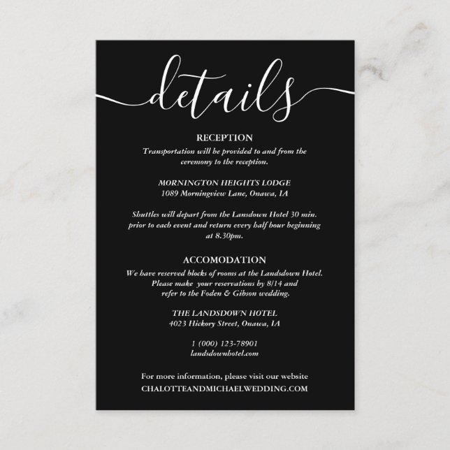 Black And White Wedding Details Information Enclosure Card (Front)
