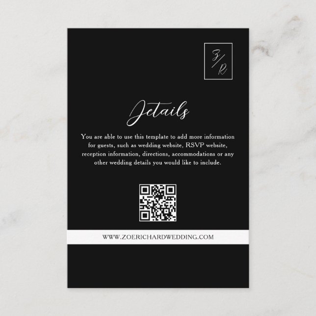 Black and White Wedding Details QR Code Enclosure Card (Front)