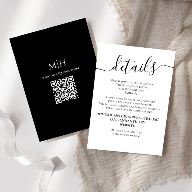 Black and White Wedding Details QR Code Enclosure Card (Simple calligraphy black and white details card with QR code and monogram. )