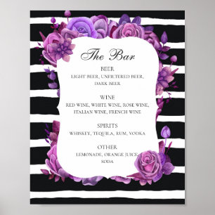 Black and white wedding drinks bar. Purple floral Poster
