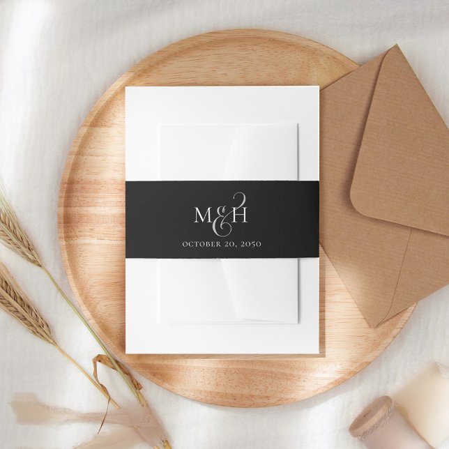 Black and White Wedding Elegant Monogram Invitation Belly Band (Simple minimalist monogram calligraphy script ampersand. )