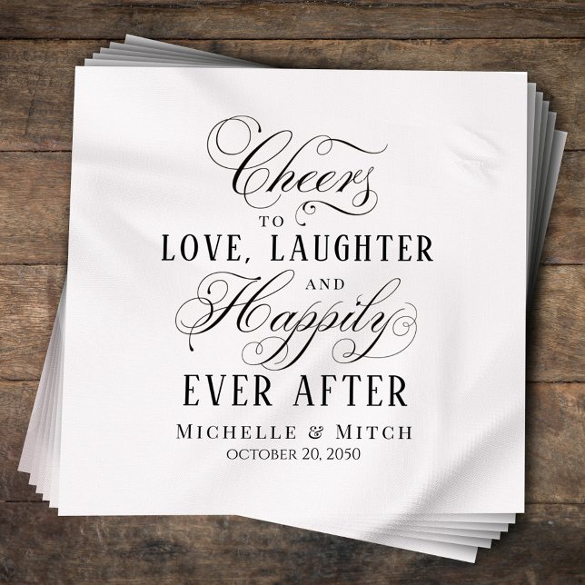 Black and White Wedding Elegant Typography  Napkin (Cheers to Love, Laughter, and Happily Ever After cocktail napkin,)