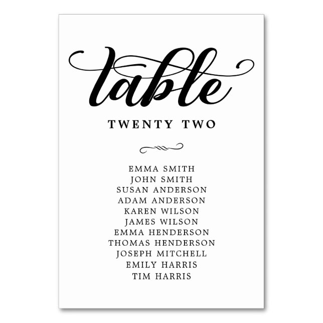 Black And White Wedding Guest Seating Chart Table Number (Front)