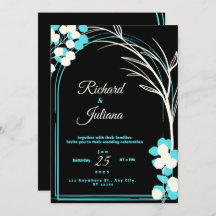 Black and white wedding invitation with blue flowe