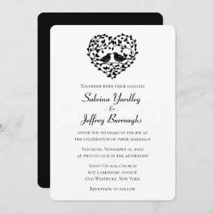 Black And White Wedding Lovebirds Floral Heart Invitation