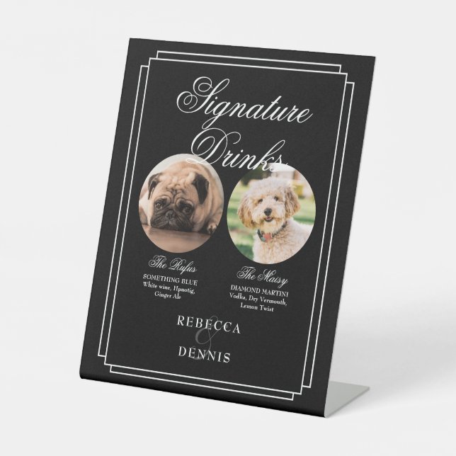 Black And White Wedding Pet Dog Signature Drinks Pedestal Sign (Front)
