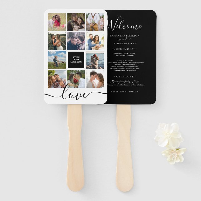 Black and White Wedding Photo Collage Program Hand Fan (Front and Back)