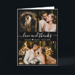 Black and White Wedding Photo Collage Thank You<br><div class="desc">Stylish Minimalist Black and White Hand Lettered Wedding Photo Thank You Folded Card. Elegant wedding thank you card template featuring three (3) photo on the front and one (1) photo inside. With the text "Love and thanks" in a pretty hand lettered typography script font with swashes in white colour on...</div>