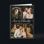 Black and White Wedding Photo Collage Thank You Card<br><div class="desc">Stylish Minimalist Black and White Hand Lettered Wedding Photo Thank You Folded Card. Elegant wedding thank you card template featuring three (3) photo on the front and one (1) photo inside. With the text "Love and thanks" in a pretty hand lettered typography script font with swashes in white colour on...</div>