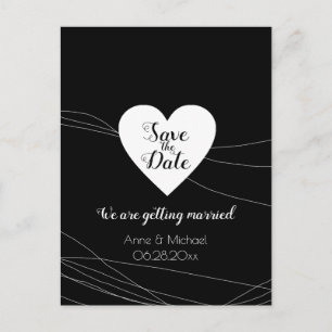 black-and-white wedding postcard with love heart