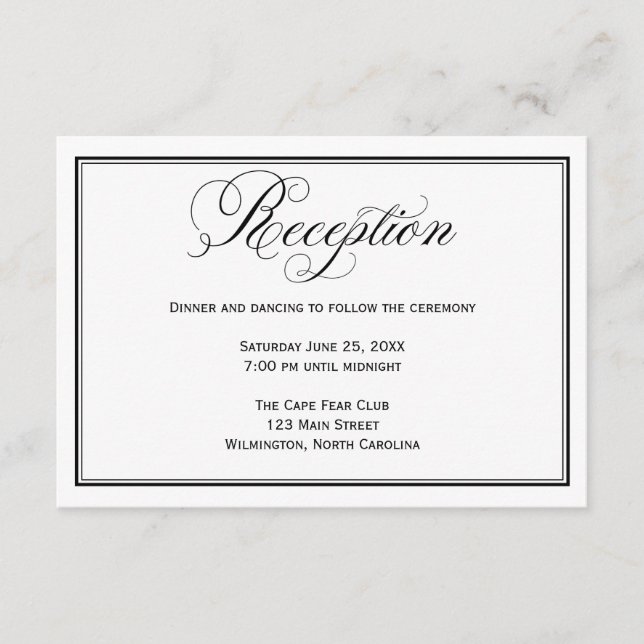 Black and White Wedding Reception Details Card (Front)