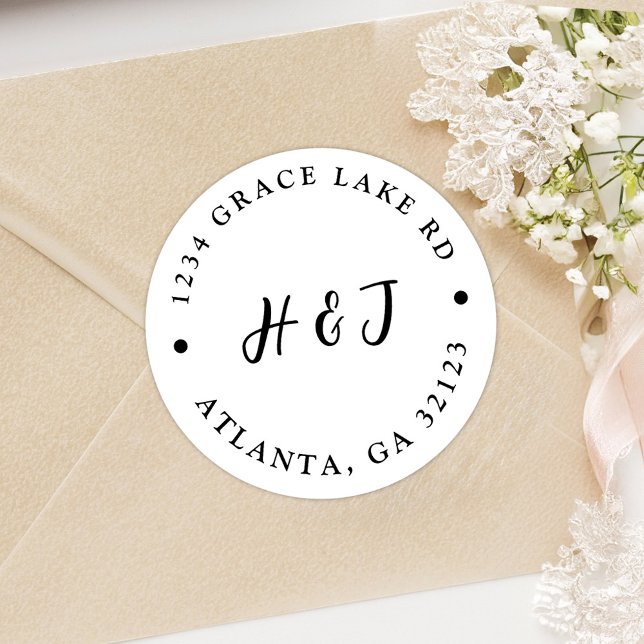 Black And White Wedding Return Address Label (Black White Modern Elegant Wedding Return Address Classic Round Sticker)